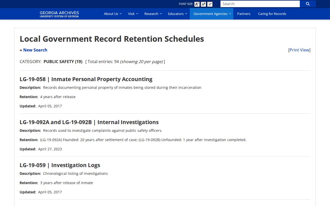 Georgia Archives local government jail booking records retention schedule