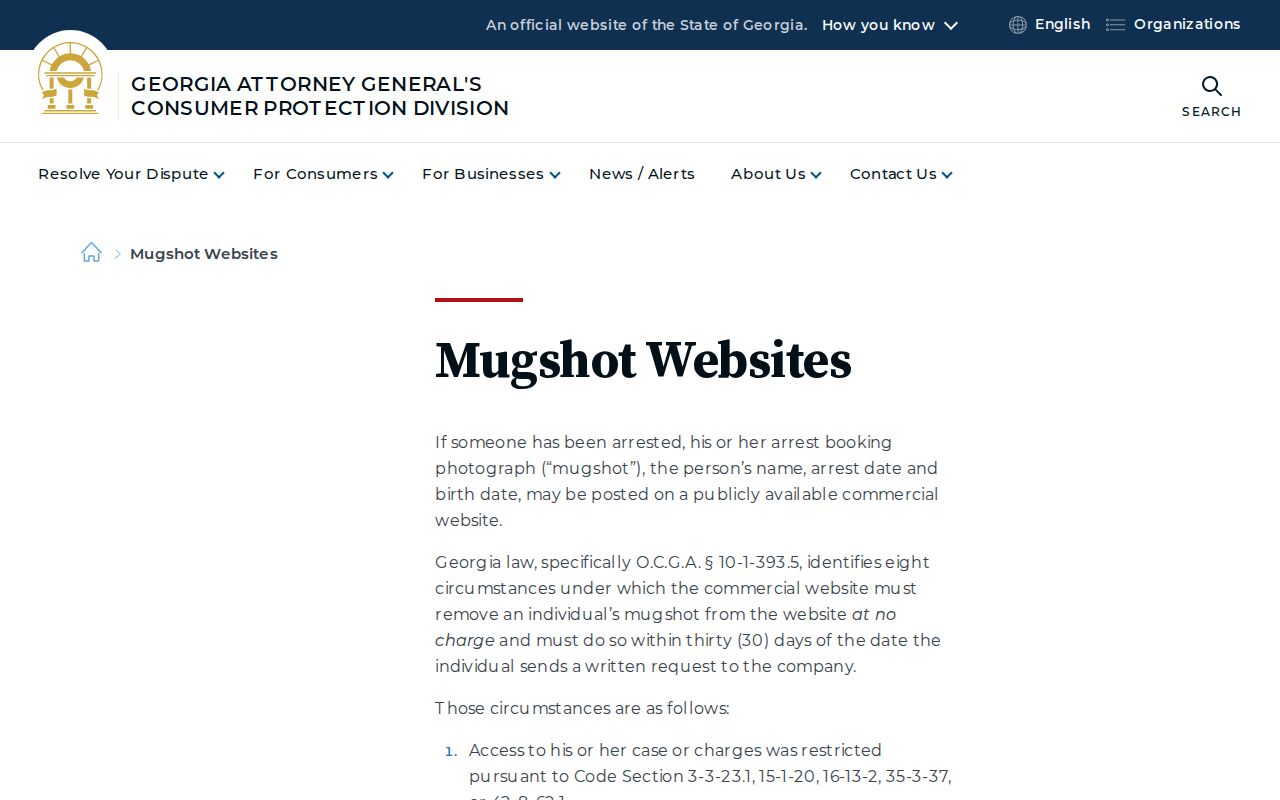 Georgia Attorney General mugshot website consumer protection information